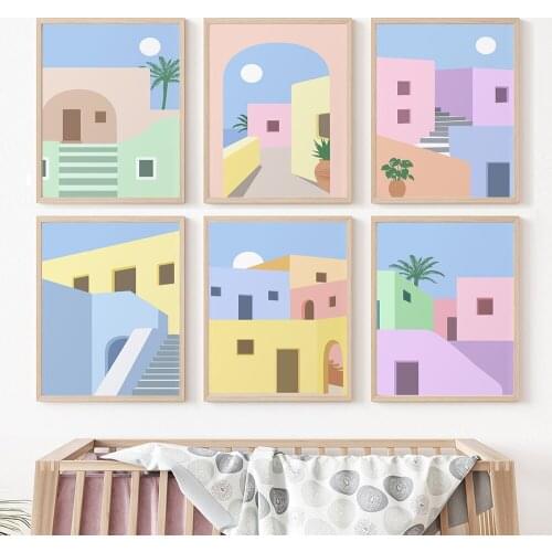 Santorini Pastel Print Poster Retro Architecture Wall Art Canvas Painting Nordic Minimalism Home Decor Pictures For Living Room