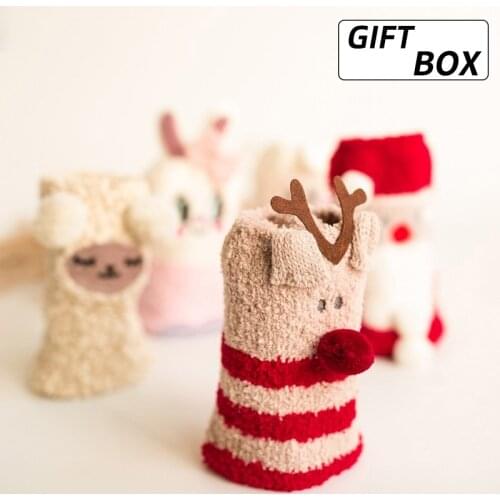 Box Christmas Socks Warm Winter Embroidery Home Coral Fleece Cartoon Female Sock Boxed Floor Fuzzy Floor Child Cute Socks