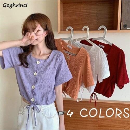 Shirts Women Blouses Square Collar Buttons Lace-up French Style Retro Solid Trendy Loose Large Size 3XL Elegant Sweet Girls Soft