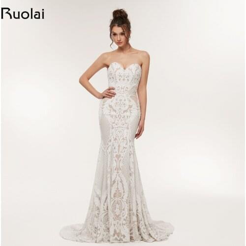 Sexy Lace Prom Dress 2018 Sweetheart Mermaid Evening Dresses Long Shiny Prom Party Gown Ivory Robe de Soiree RE15