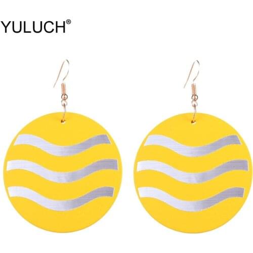 YULUCH African Round Wooden Long Hanging Drop Earrings For Woman Indian Boho Wave Reflective Strip Statement Pendant Earrings