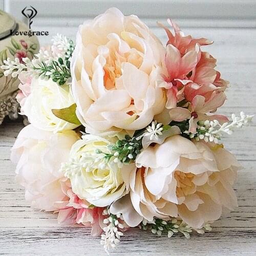 Lovegrace White Silk Peonies Roses Wedding Bridal Bridesmaids Bouquets Pink Flowers Marriage Home Floral Decor Wedding Bouquet