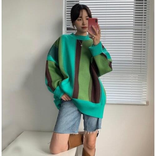 Sweater oversize Women Design sense of Vintage contrast color stitching O-neck knitted pullover E-Gril loose Korean y2k Sweaters