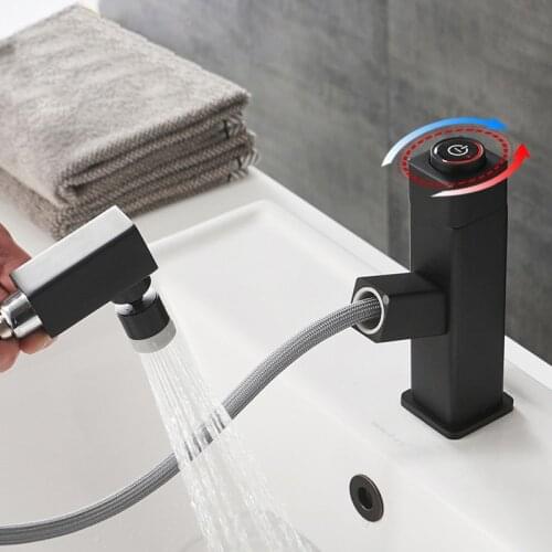 Thermostatic Basin Faucets Pull Out Bathroom Sink Crane Black Brass Sink Mixer Taps Hot and Cold Deck Mounted Bathroom Faucet