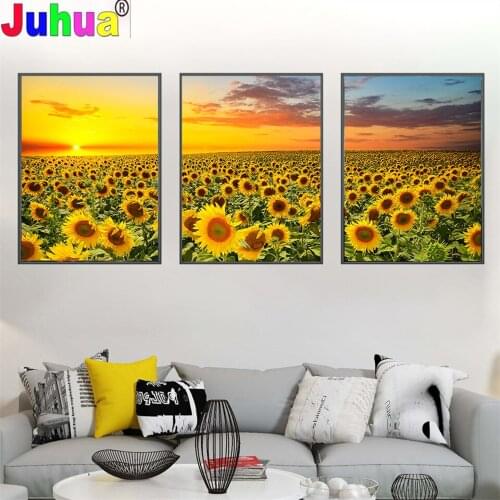 Triptych Full Square/Round Diamond Painting 5d Sunflower Needlework DIY Diamond Embroidery Beautiful Flowers Wall Art 3 Piece Se