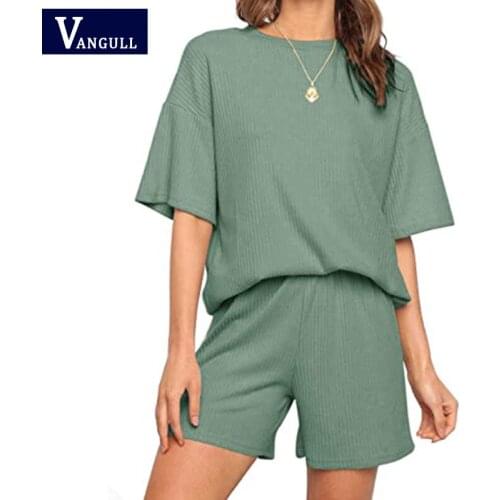 Vangull Summer Casual Loose Womens Set Two Piece Shorts Set Short Sleeve Tops Shirt Loose Beach Set O-Neck Suit Outfits Bottom
