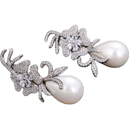 JK Teardrop White Sea Shell Pearl Clear Crystal Cz Pave Flower Earrings