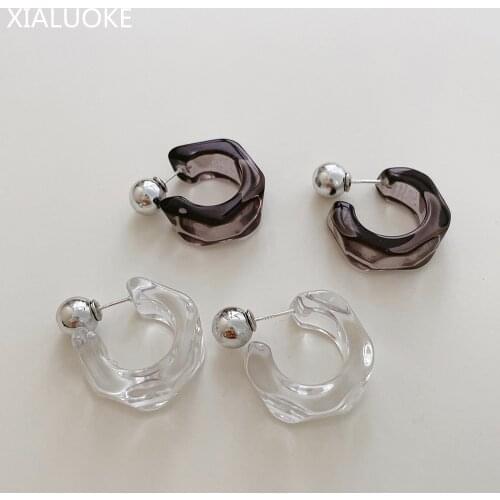 XIALUOKE S925 Needle Retro Geometric Transparent Acrylic Irregular C Stud Earrings For Women Elegant Fashion Jewelry 2021