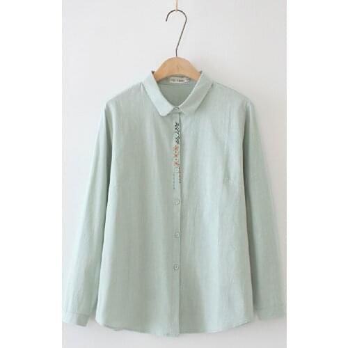Plus Size Womens Cotton Blouse Long Sleeved Cute Embroidery Blusas Casual Tops
