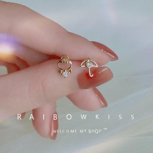 Angel Girl Umbrella Stud Earrings For Women Simple Creative Asymmetry Ear Ring Hollow Geometry Zircon Crystal Teen Party Jewelry