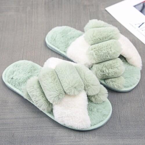 Women Warm Fluffy Slippers Cozy Faux Fur Cross Indoor Floor Slides Flat Soft Shoes Lady Female Comfortable Quality Flip Flop