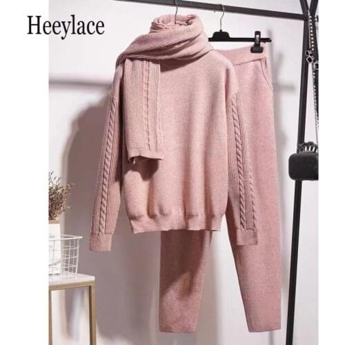 Oversize Knitted Pullover Jumper Temperament Suits Winter Warm Tracksuit Women Twist Sweater + Pants + Scarf 3 Piece Set Femme