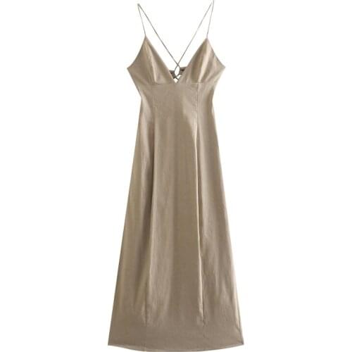 Women Elegant A Line Solid Color Midi Dress Summer Sexy Spaghetti Strap Dresses Ladies Sleeveless Backless Party Dress