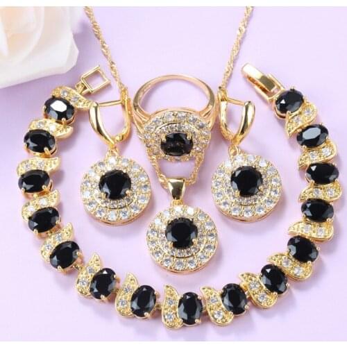 Gold Color Round Black Earrings Ring With Cubic Zirocnias Jewelry Sets For Women Trendy Costume Necklace And Bracelet Gift Sets
