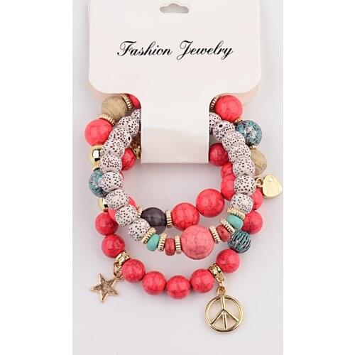 3pcs/Set Classic Boho Bracelets&Bangles Women Stone Beaded Bracelet Set Gold Pendant Bracelet For Women