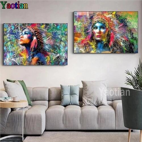 5D Diamond Painting Color Street Graffiti Wall Art Indigenous Woman Full Square round Diamond Embroidery Cross Stitch Mosaic
