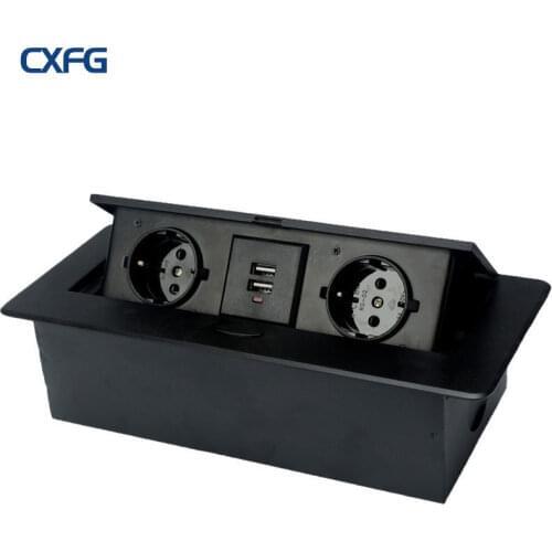 CXFG EU Standard Hidden Desktop Socket 2 Way Power Socket 2 Port USB Office Kitchen Cabinet Aluminum Panel Socket