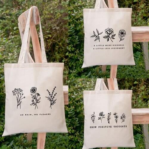Harajuku No Rain No Flowers Ladies Shopper Bags Large Capacity Handbag Flower Aesthetic Graphic Canvas Shopping Bags Totes