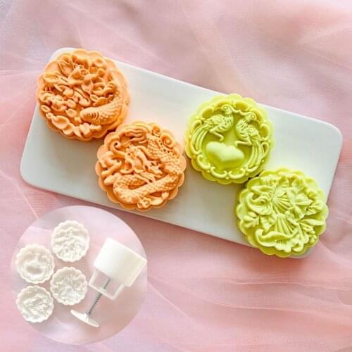 Mooncake Mold Mid-Autumn Festival Hand-Pressure Dragon Moon Cake Mould DIY Decor Mooncake Press Moulds 4 Different Stamp