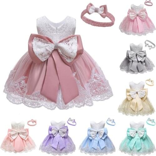 Baby Girls Lace Dress Elegant Bowknot princess Wedding Formal tutu Dress+headband Set Clothes Sleeveless Tank Ball Gown Dresses