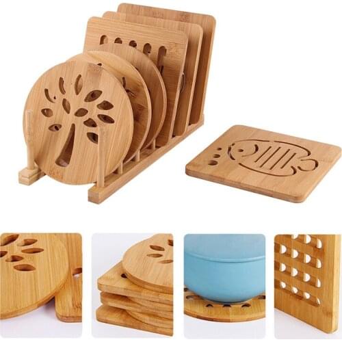 Kitchen Bamboo Hollow Wooden Coaster Thick Anti-Scalding Cartoon Insulation Pad Table Mat Non-Slip Pot Mat Bowl Mat Tray Mat