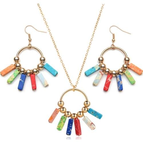 Fashion Chakra Necklace Earrings Jewelry Set Handmade Natural Stone Tube Beads Leather Wrap Couples Bracelets Creative Gifts