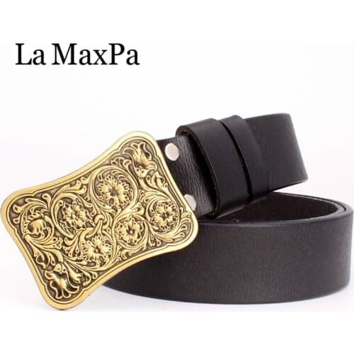 Fashion women belt arabesque pattern genuine leather belt royal Flowers golden buckle Decorative jeans belt for men