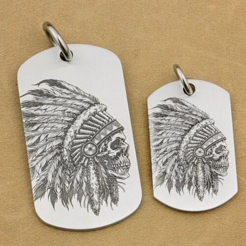 316L Stainless Steel High Detail Deep Engraved Mens Biker Punk Indian Chief Skull Pendant Dog Tag 9X202 JP