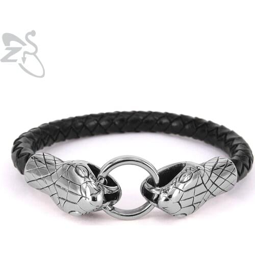 ZS Black Leather Braided Stainless Steel Bracelet Mens Snake Shape Bangles Male Punk Rock Jewelry Gifts joyas para hombres 2019
