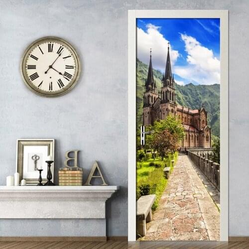 Blue Sky White Cloud Castle Mural Living Room Bedroom Door Stickers PVC Self-adhesive Waterproof Wall Sticker 3D Wallpaper Mural