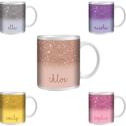 PERSONALISED CUSTOM PRINTED GLITTER EFFECT TEA COFFEE MUG CUP GIFT NAME TEXT DROP SHIPPING