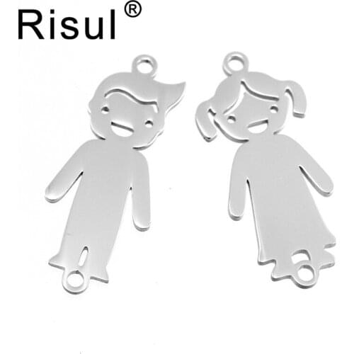 Risul Cute BOY Girl Charm pendant Stainless steel Customized for women girl bracelet connector Mirror polish wholesale 50pcs