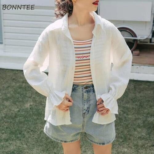 Shirt Women Summer Solid New Fashion All-match Student Sun-proof Simple Ulzzang Soft Elegant Leisure Flare-sleeve Daily Chic Fit