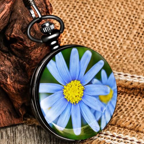 The Best Anniversary Gift For Wife Blue Flowers Pattern Quartz Pocket Chain Watch Numerals Dial Beautiful Pendant Necklace