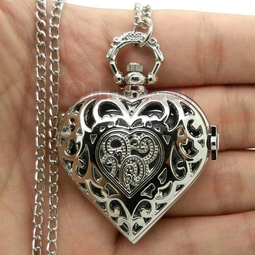 Silver Hollow Quartz Heart-shaped Pocket Watch Necklace Steampunk Hour Pendant Womens Gift P72
