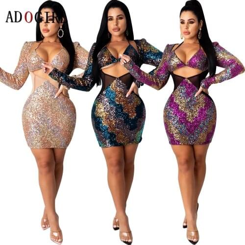 Adogirl Women Sequin Bodycon Mini Dress Sexy Patchwork Mesh Hollow Out Evening Party Dresses Elegant Long Sleeve Clubwear Skinny