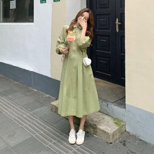 Green Long Sleeve Turn-Down Collar Bow Lacing Maternity Loose Dress Plus Size Pregnant Womens Cotton Dress Vintage A-Line Dress