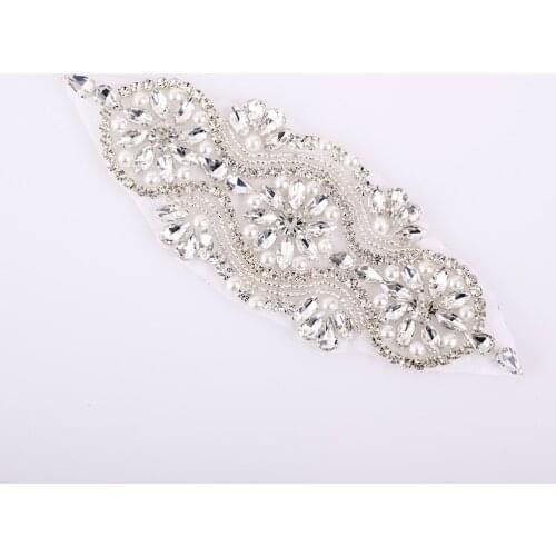 15.5 x 5 cm Silver Beads Pearl Rhinestones Applique for Wedding Dress Belts Hat Lace Trim Iron on NEW YEAR Decor DIY Crafts 1 pc