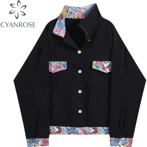 2021 Womens Streetwear Black Coat Chic Print Spliced Fashion Cardigan Jacket Female Long Sleeve Harajuku Oversized BF Outerwear