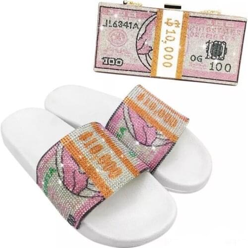 Womens Fashion Colorful Diamond Dollar Shoes Ladies Outdoor Sandals Luxury Slippers Rhinestone Wallet Shiny Head Ring Sets 2021