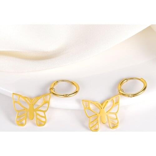 Gold Silver Color Hollow Butterfly Stud Earrings For Women Ear hook Stainless Steel Ear Clips Double pierced Earring Jewelry