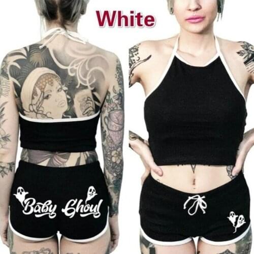Goth Dark Sexy Casual High Waist Women Sets Print Summer E-Girl Streetwear Fashion Two Piece Set Club Sleeveless Matching Set