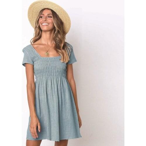 2021 Ladies Summer Dress Square Neck Pleated Sexy Dress Casual Cute Pure Color Bohemian Short Sleeve Mini Skirt