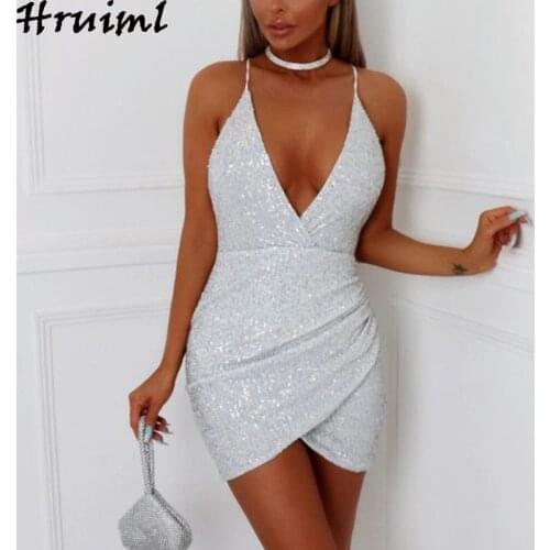 Sexy Bodycon Dress Women Summer 2020 Spaghetti Strap V Neck Sleeveless High Waist Sequin Ladies Mini Dress Backless Party Club