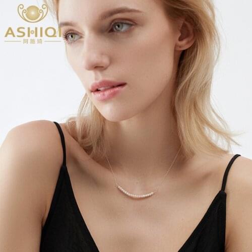 ASHIQI Natural Freshwater Pearl Necklace 925 Sterling Silver Ladies Jewelry