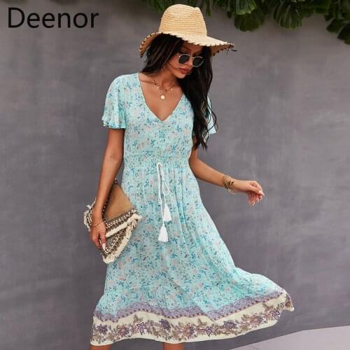 Deenor Elegant Fashion Dress Short Sleeve V Neck Boho Beach Floral Print Dresses for Women Summer 2021 Holiday Sundress Vestidos