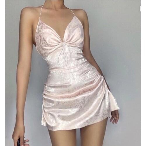 Women sexy pink pleated mini dress summer spaghetti strap sleeveless satin y2k dress Lolita style A-line sweet cute dresses