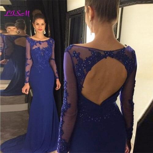 Royal Blue Long Sleeves Evening Dresses Sexy Open Back Lace Appliques Beaded Formal Party Gowns Prom Dress Robe De Soiree