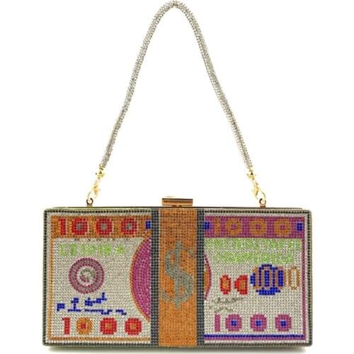 066F Money Clutch Rhinestone Purse 10000 Dollars Stack of Cash Evening Handbags Shoulder Wedding Dinner Bag