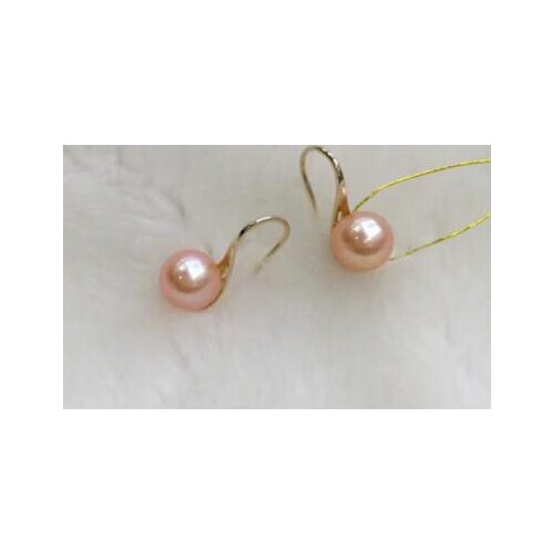 Free shipping luxury Noble jewelry Genuine charming 9-10mm south sea round gold pink pearl earring